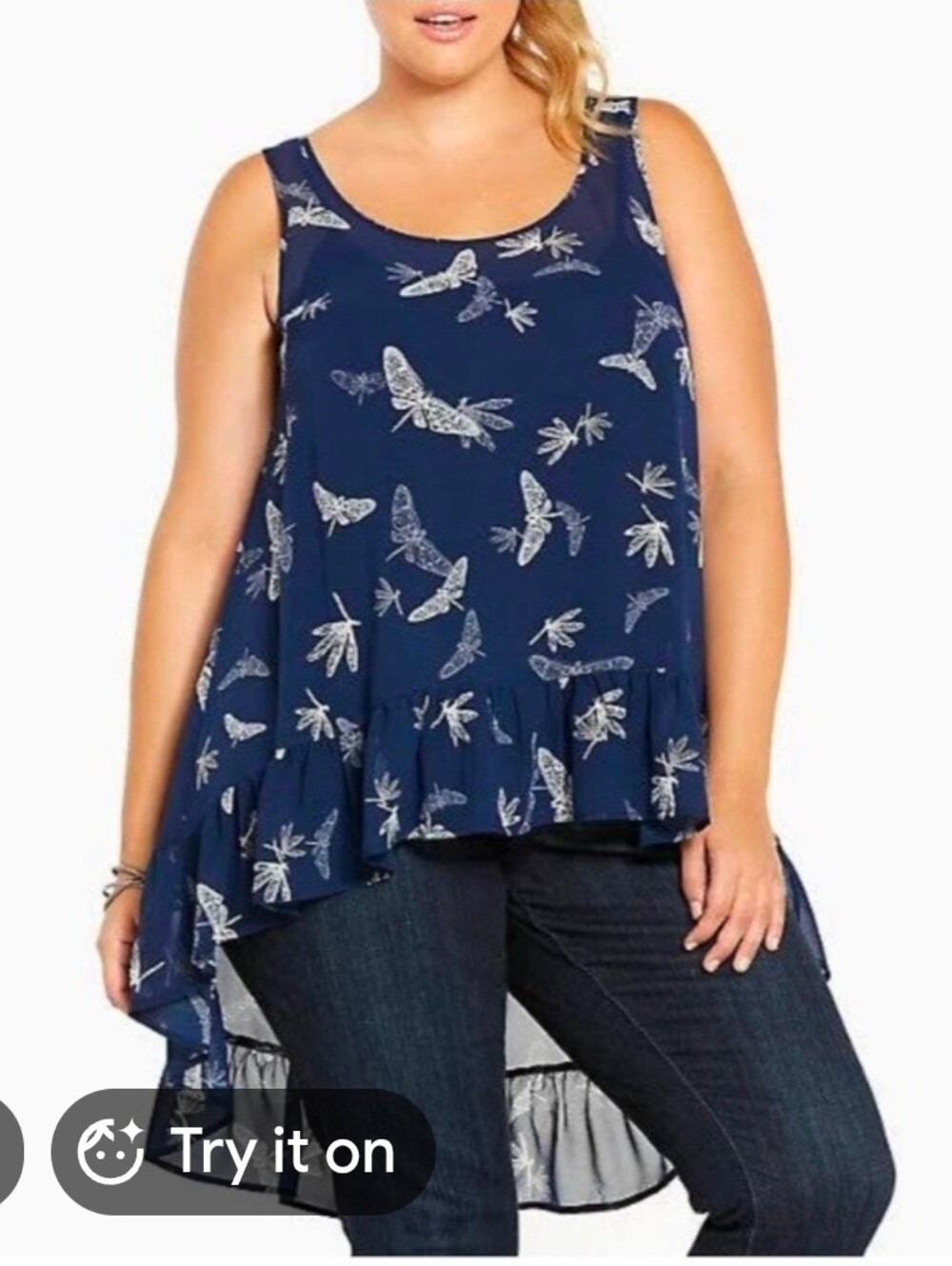 Torrid Size 3 Sheer Hi-low Ruffled Hem, Navy Color W/ White Dragonfly Print Tank